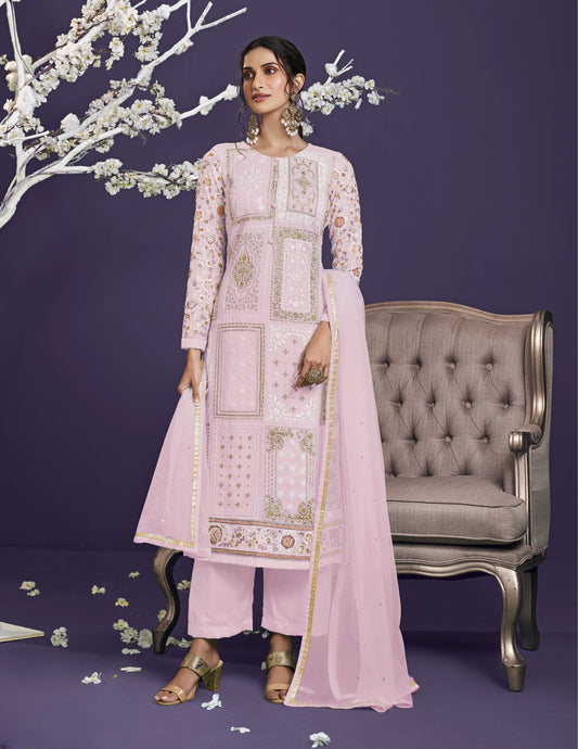 Powder Pink Heavy Embroidered Georgette Straight Pant Suit