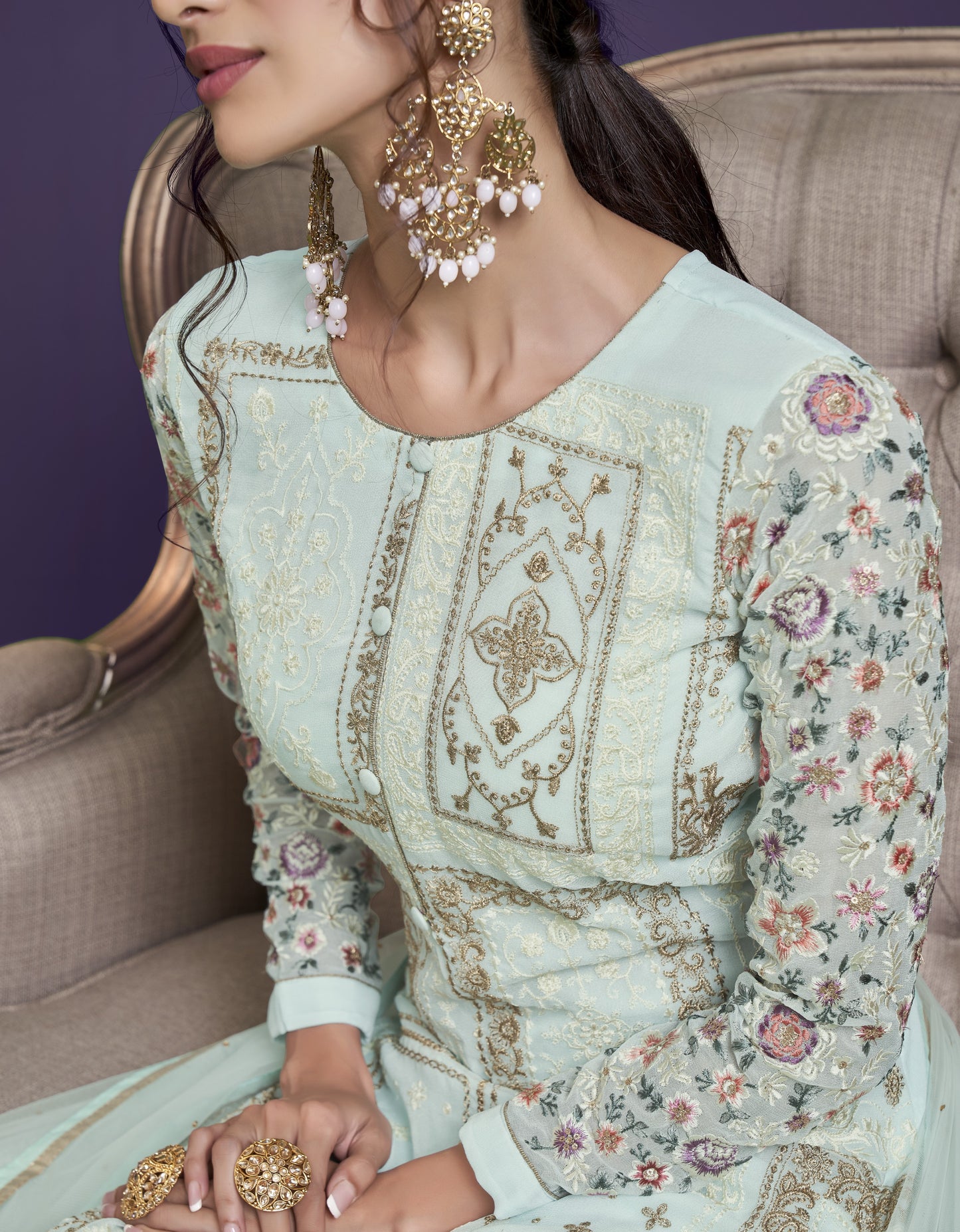 Powder Blue Heavy Embroidered Georgette Straight Pant Suit