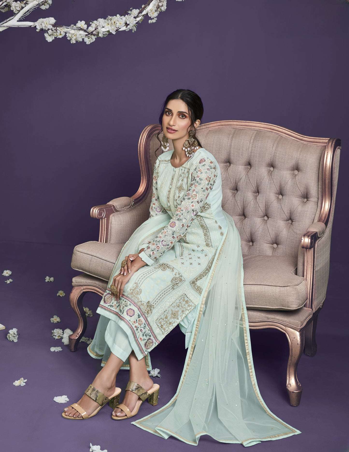 Powder Blue Heavy Embroidered Georgette Straight Pant Suit