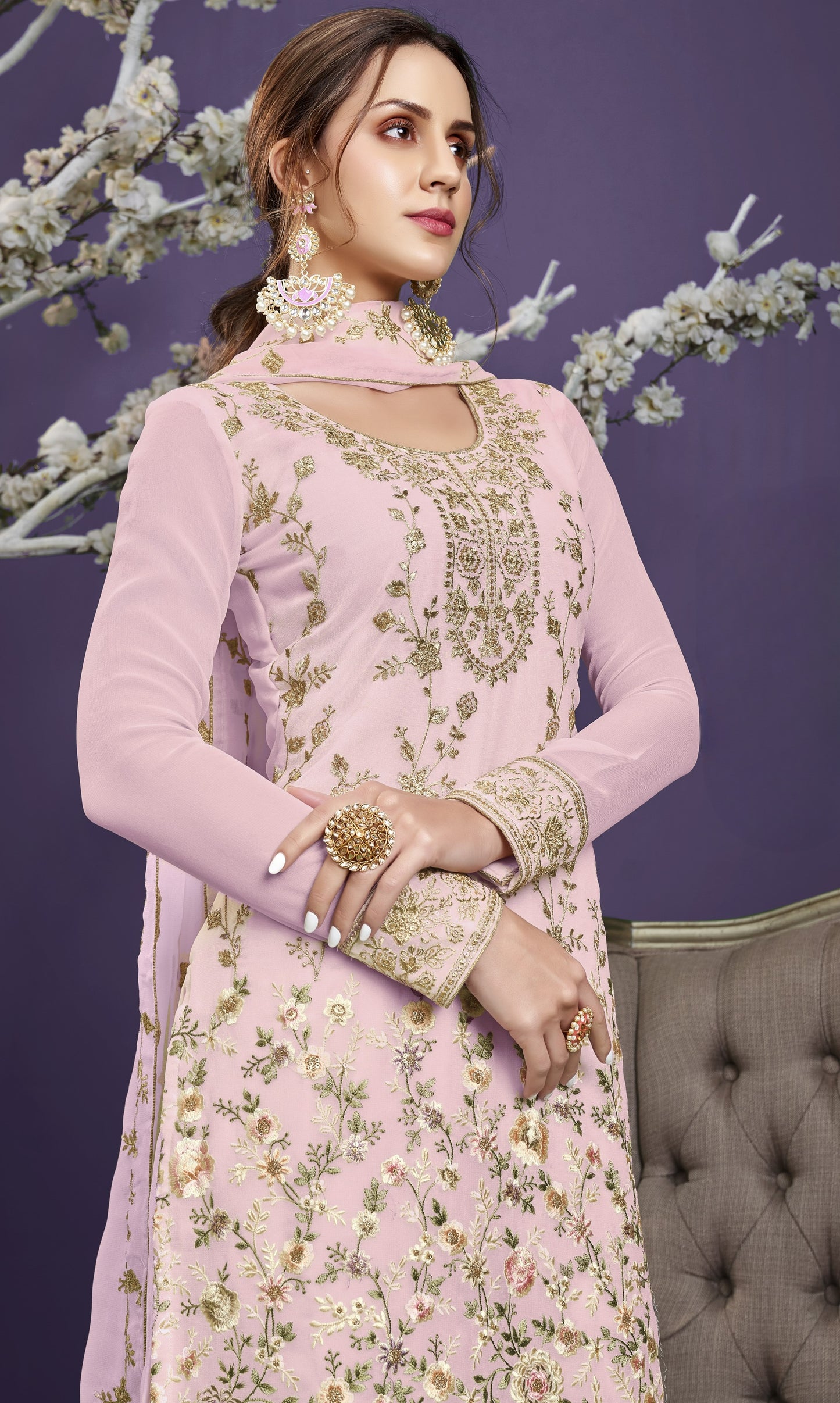 Pastel Pink Heavy Embroidered Georgette Straight Pant Suit