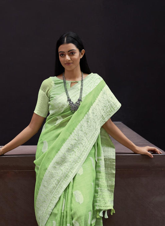 Pista Green Woven Linen Saree
