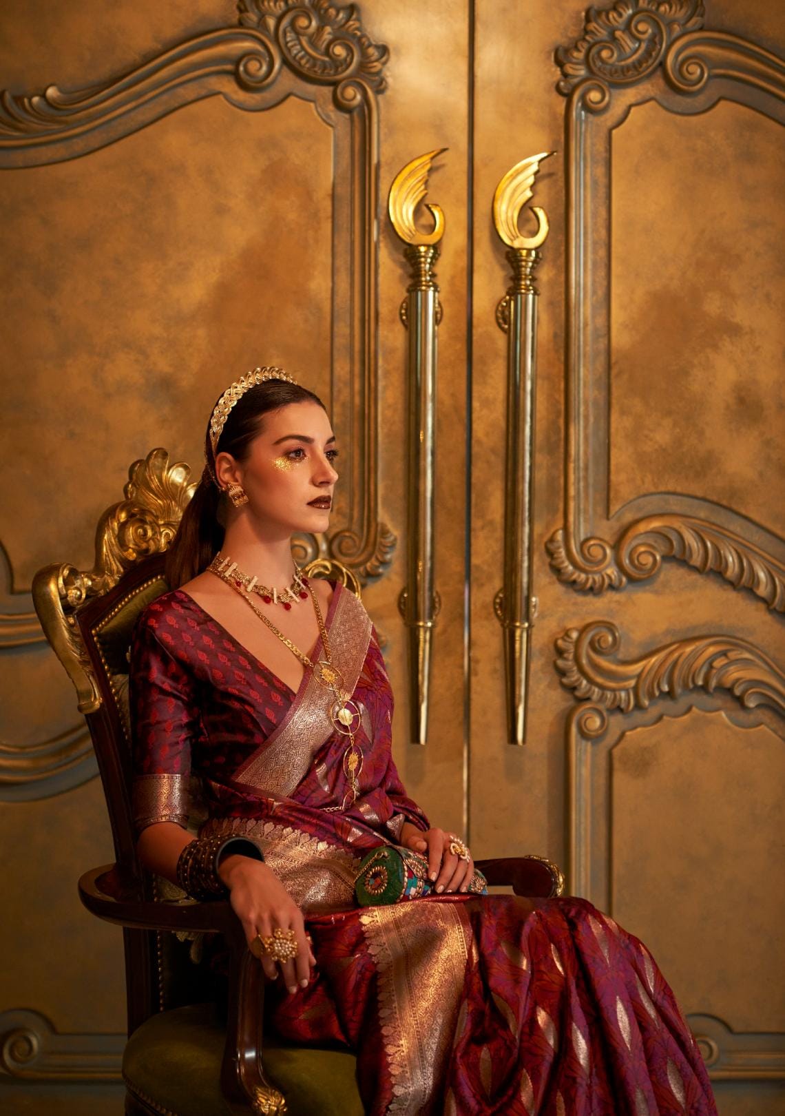 Maroon Elliptic Zari Woven Satin Silk Saree