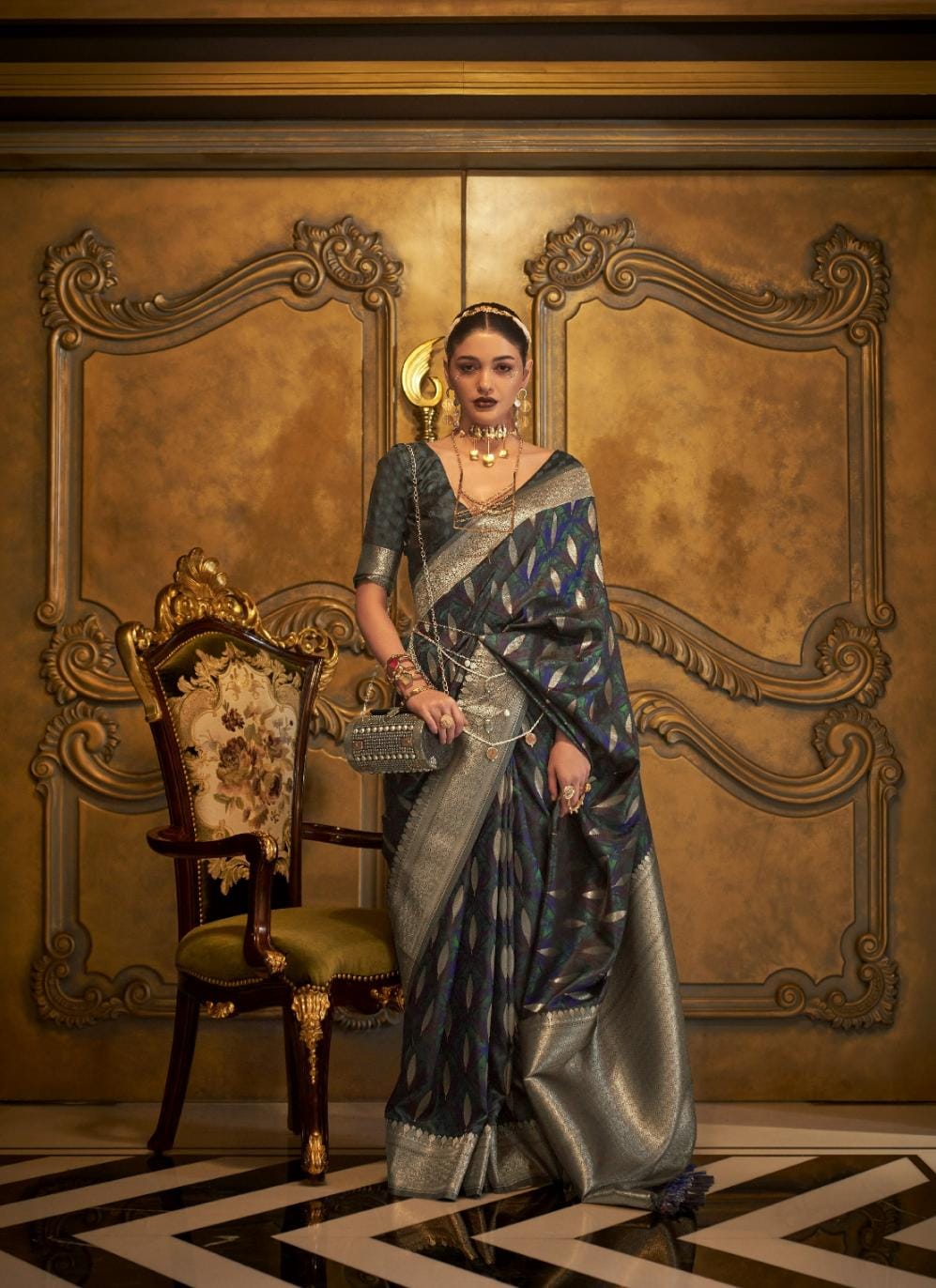 Navy Blue Elliptic Zari Woven Satin Silk Saree