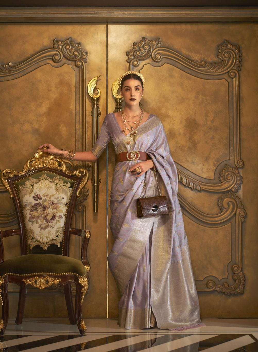 Light Lavendar Elliptic Zari Woven Satin Silk Saree