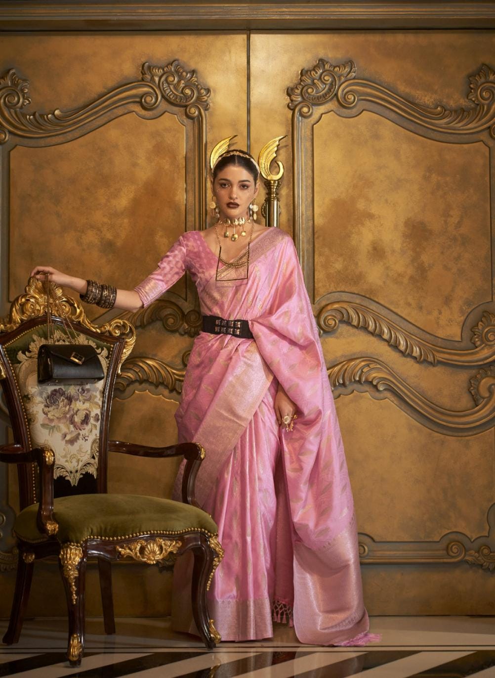Lemonade Pink Elliptic Zari Woven Satin Silk Saree