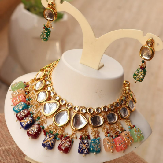 Multicolor kundan choker necklace with silver accents.