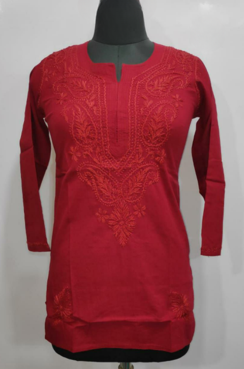 Maroon Tone-To-Tone Pure Cotton Chikankari Short Kurti