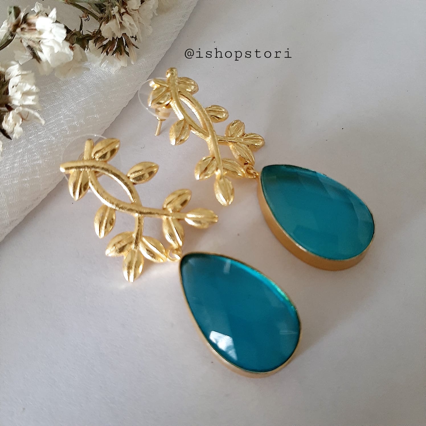 Ekaterina Tear Drop Stone & Golden Leaves Statement Earrings