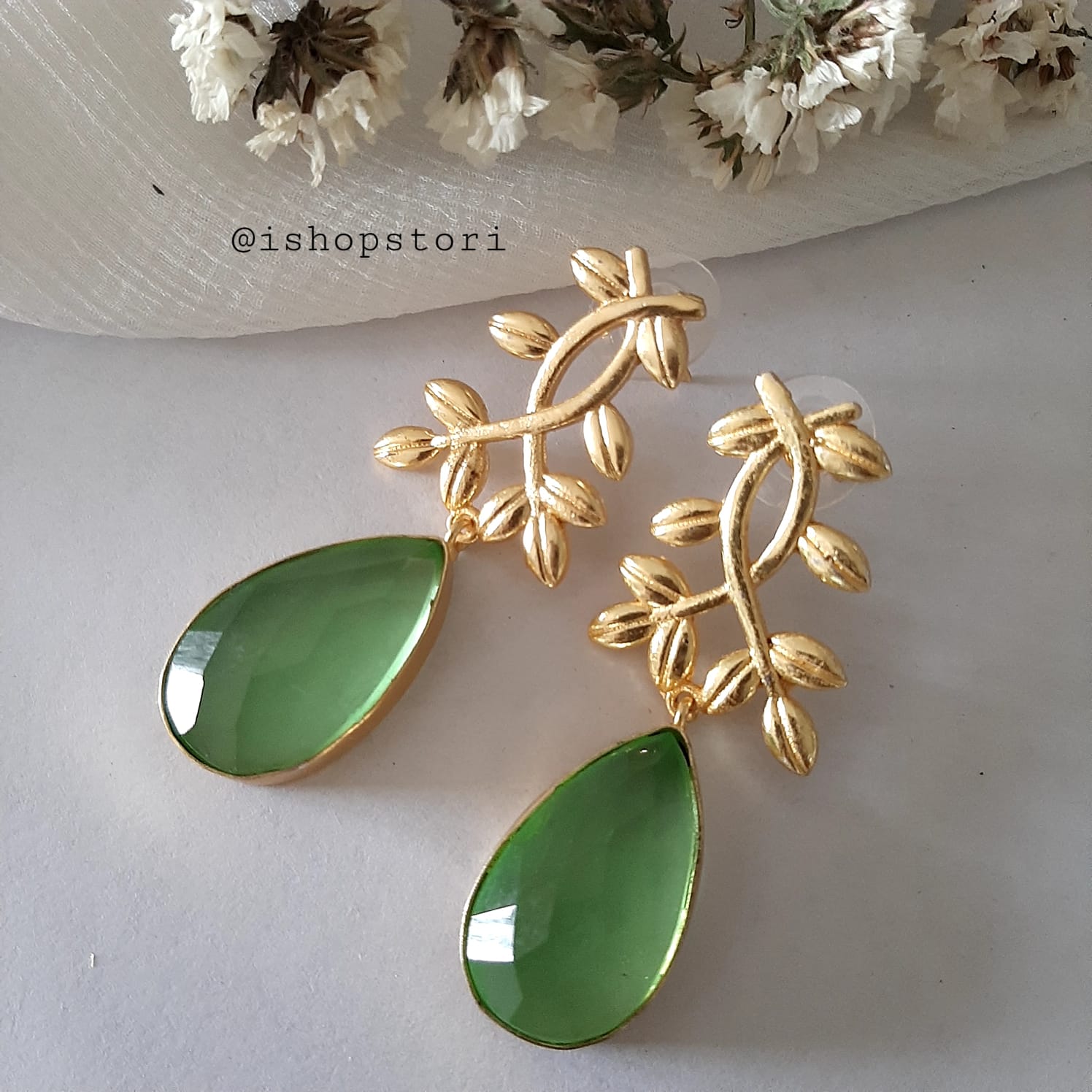 Ekaterina Tear Drop Stone & Golden Leaves Statement Earrings