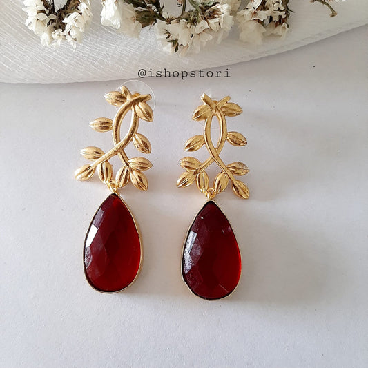 Ekaterina Tear Drop Stone & Golden Leaves Statement Earrings