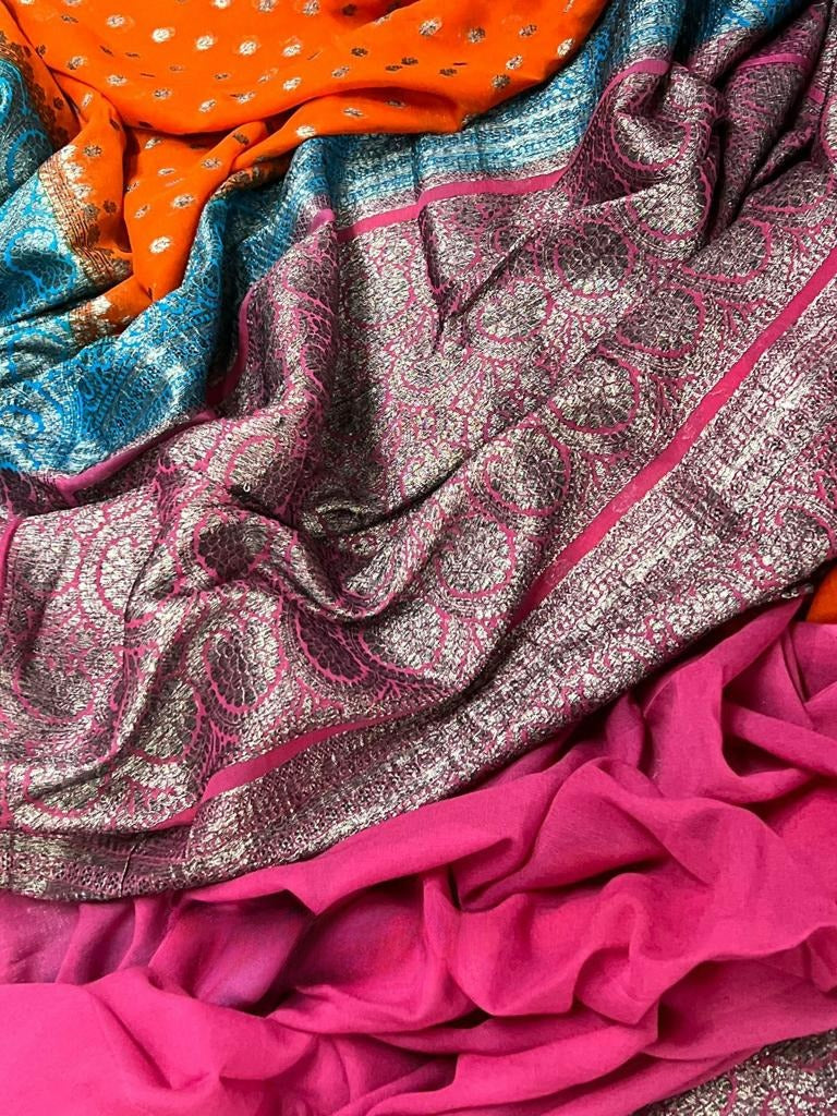Bright Orange Banarasi Khaddi Georgette Pure Silk Saree