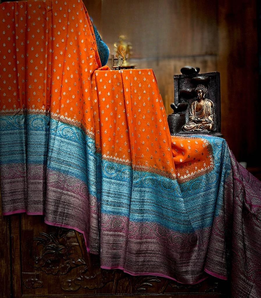 Bright Orange Banarasi Khaddi Georgette Pure Silk Saree