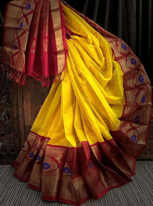 Bright Yellow Pure Silk Royal Kanchi Kuppadam With Red Blouse