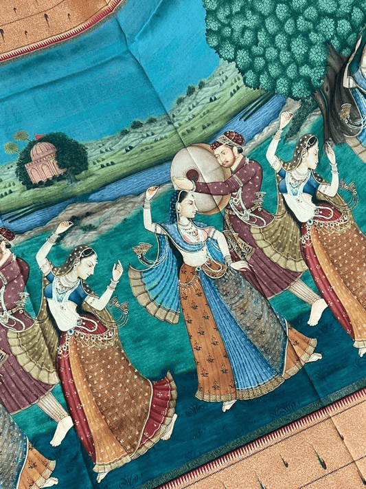 Sky Blue Pure Dupion Silk Saree With Madhubani Prints & Paithani Muniya Border