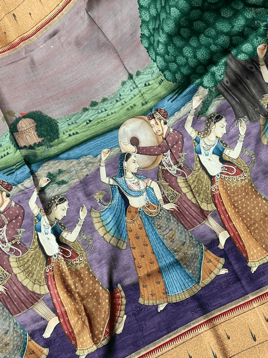Light Mauve Pure Dupion Silk Saree With Madhubani Prints & Paithani Muniya Border