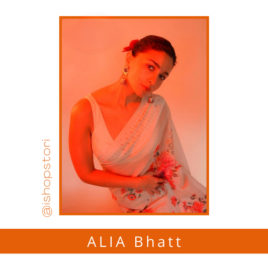 ALIA BHATT in Pearl White Floral Print Lucknowi Chikankari Saree