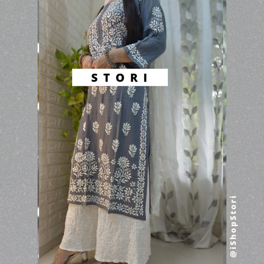 Kaaya Mist Grey Modal Chikankari Kurti