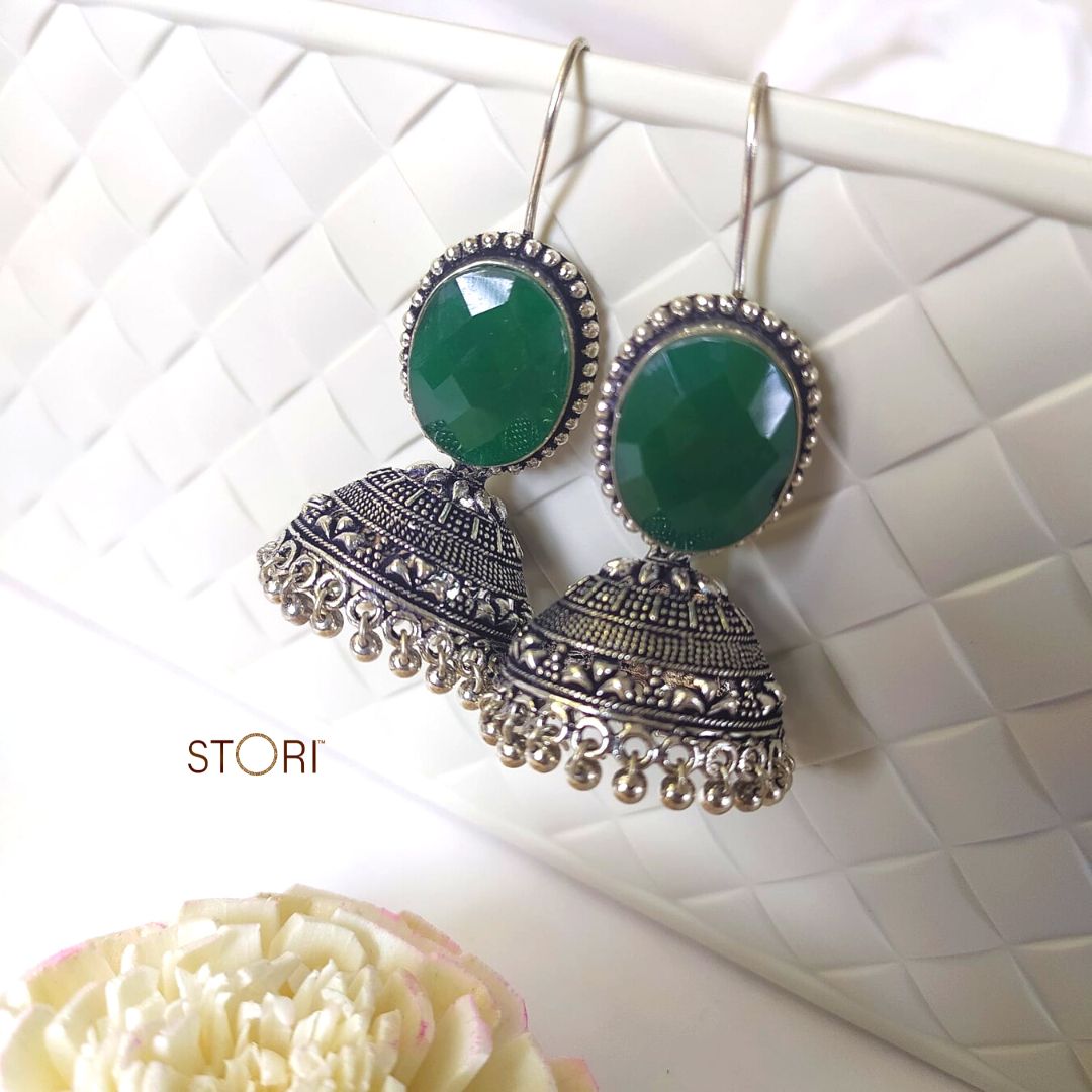 Harteeij Oval Monalisa Stone German Silver Jhumkis