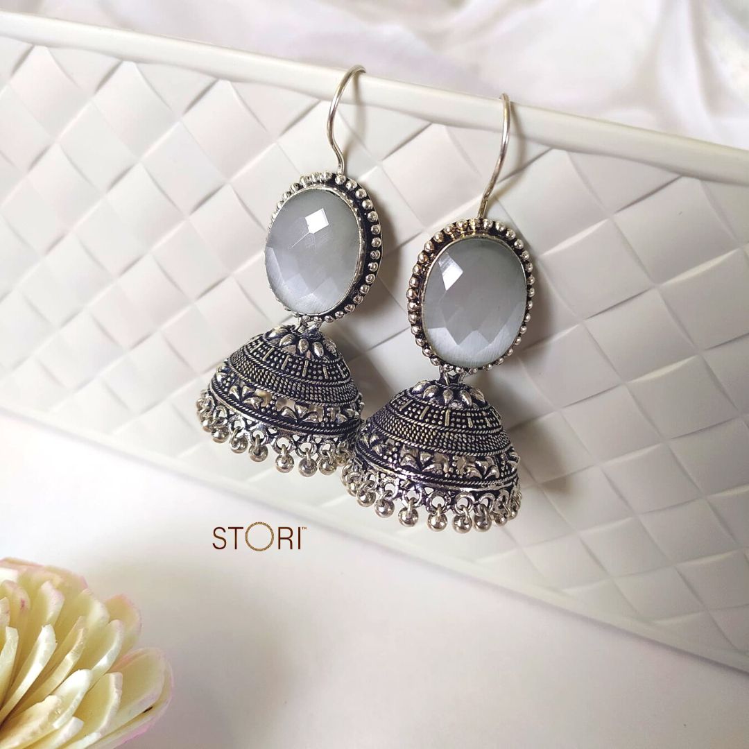Harteeij Oval Monalisa Stone German Silver Jhumkis
