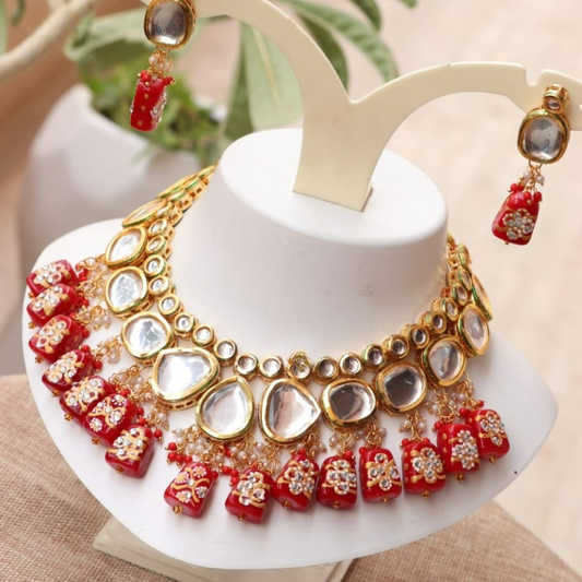 Devayani Bright Red Tanjore Tumbles Kundan Choker Set