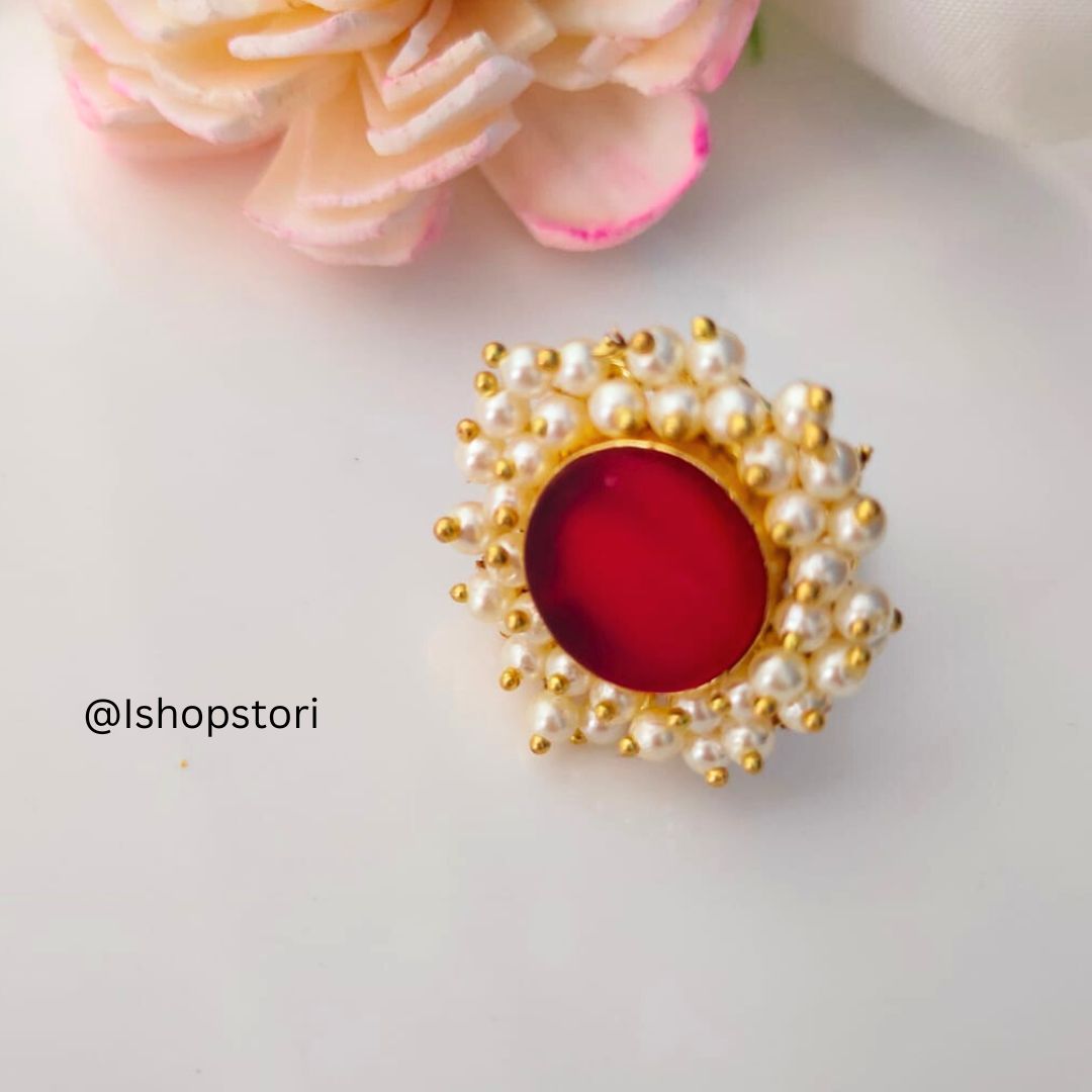 Nandini Pearl Halo Raw Stone Finger Ring