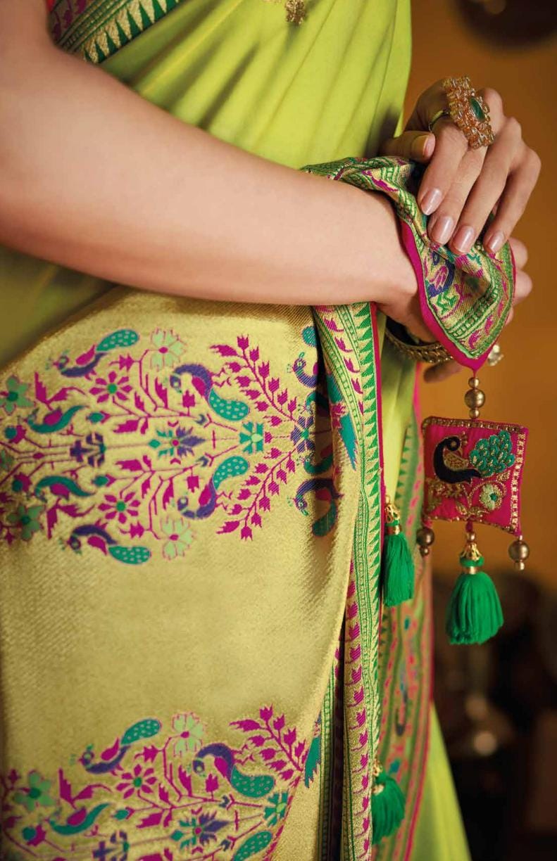 Parrot Green Paithani Silk Saree With Designer Blouse