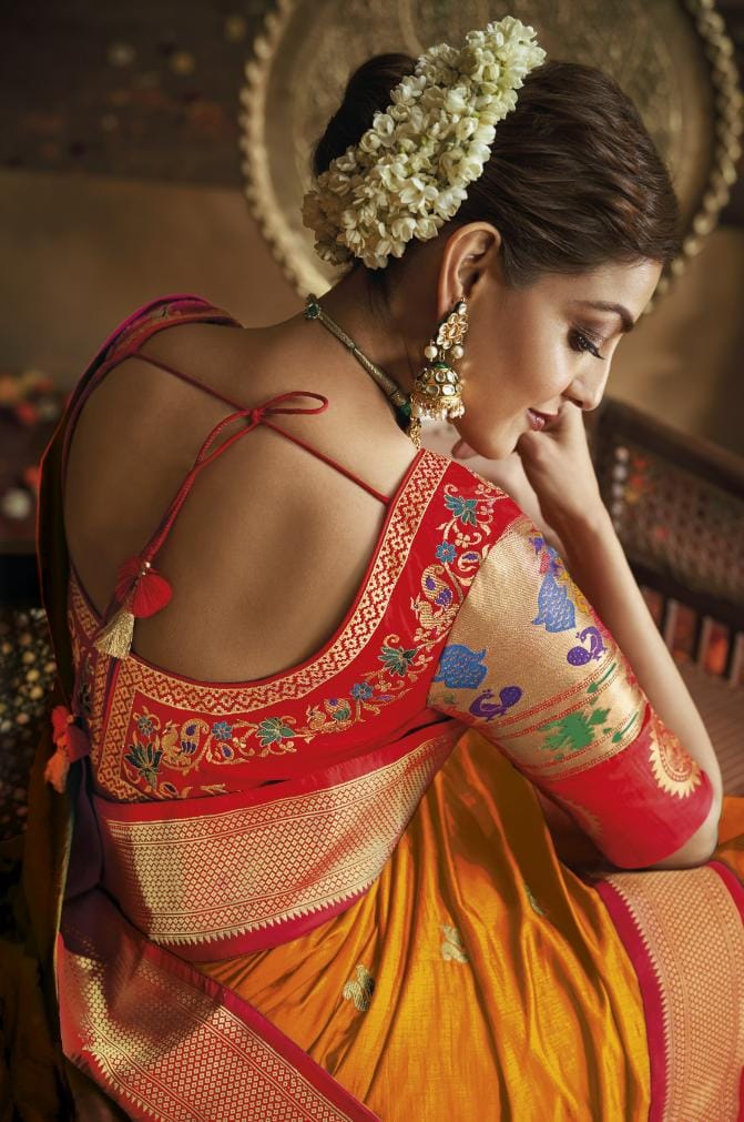 Mustard Yellow Paithani Silk Saree With Designer Blouse