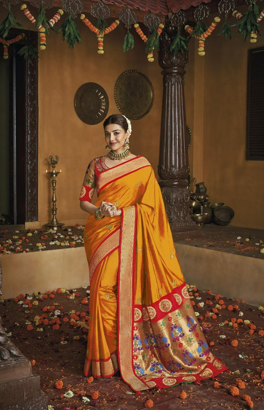 Mustard Yellow Paithani Silk Saree With Designer Blouse