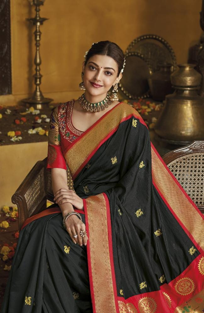 Midnight Black Paithani Silk Saree With Designer Blouse