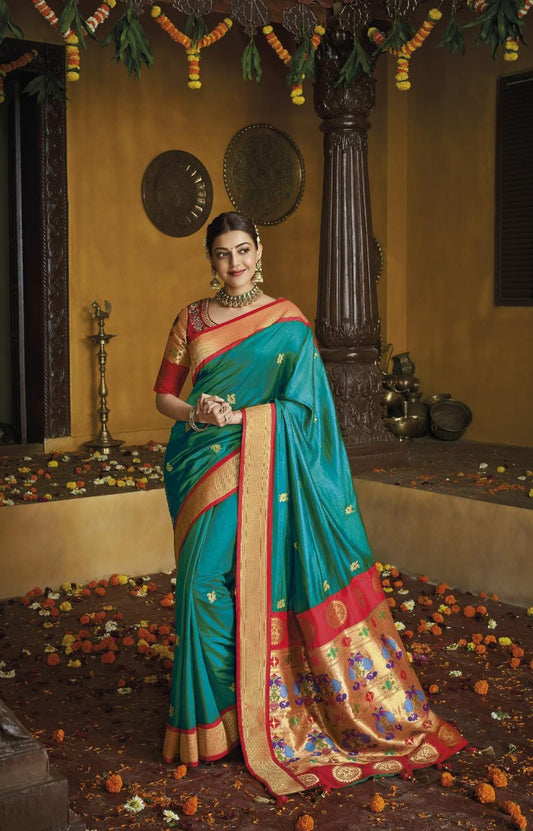 Cerulean Blue Dual Shade Paithani Silk Saree With Designer Blouse