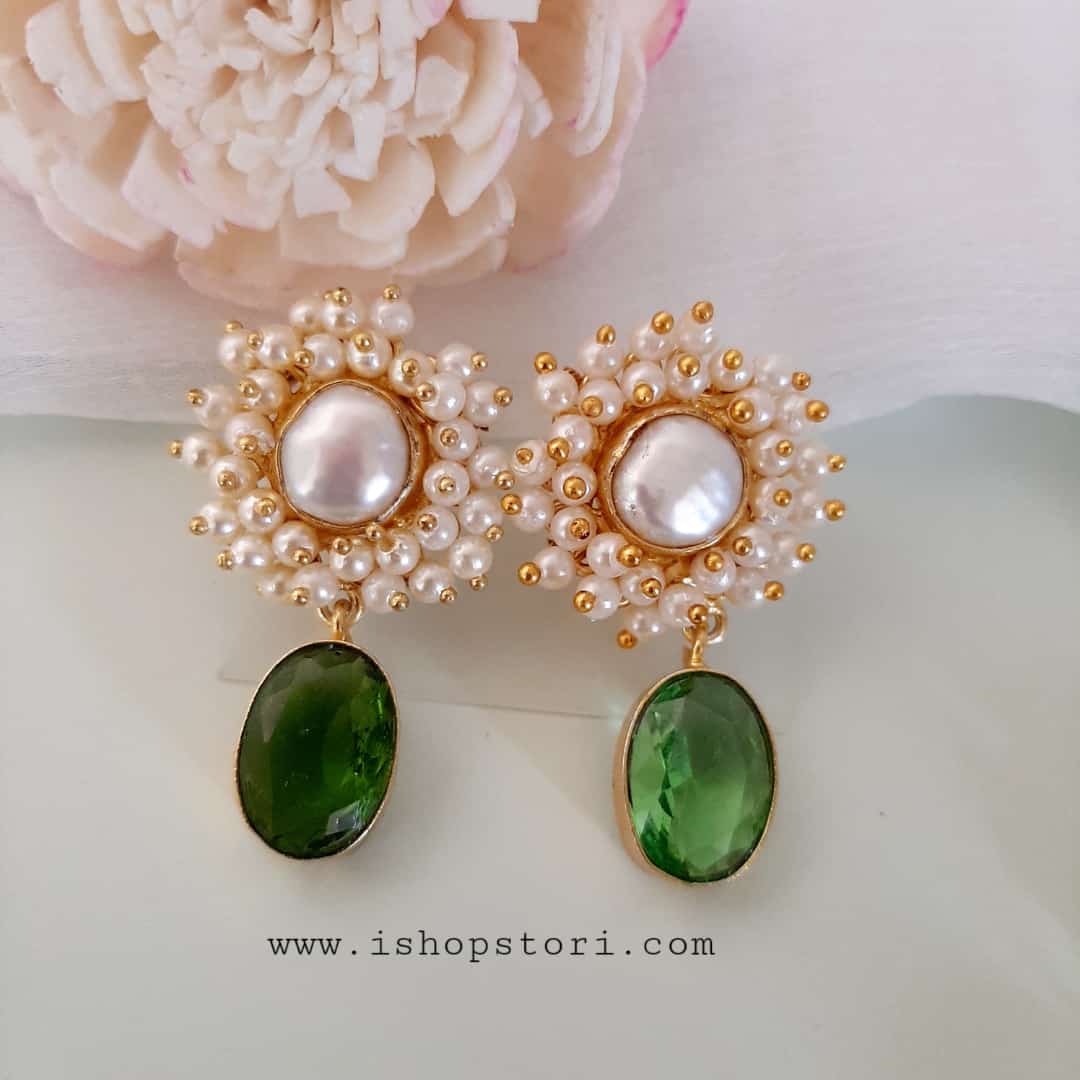 Kaaira Fresh Water Pearls Halo & Oval Glossy Stone Earrings
