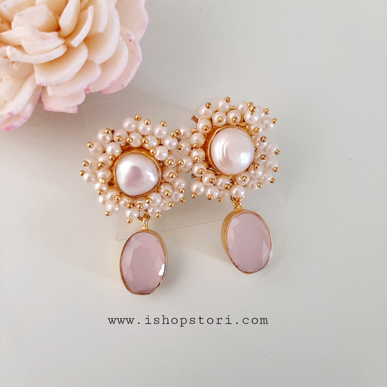 Kaaira Fresh Water Pearls Halo & Oval Glossy Stone Earrings