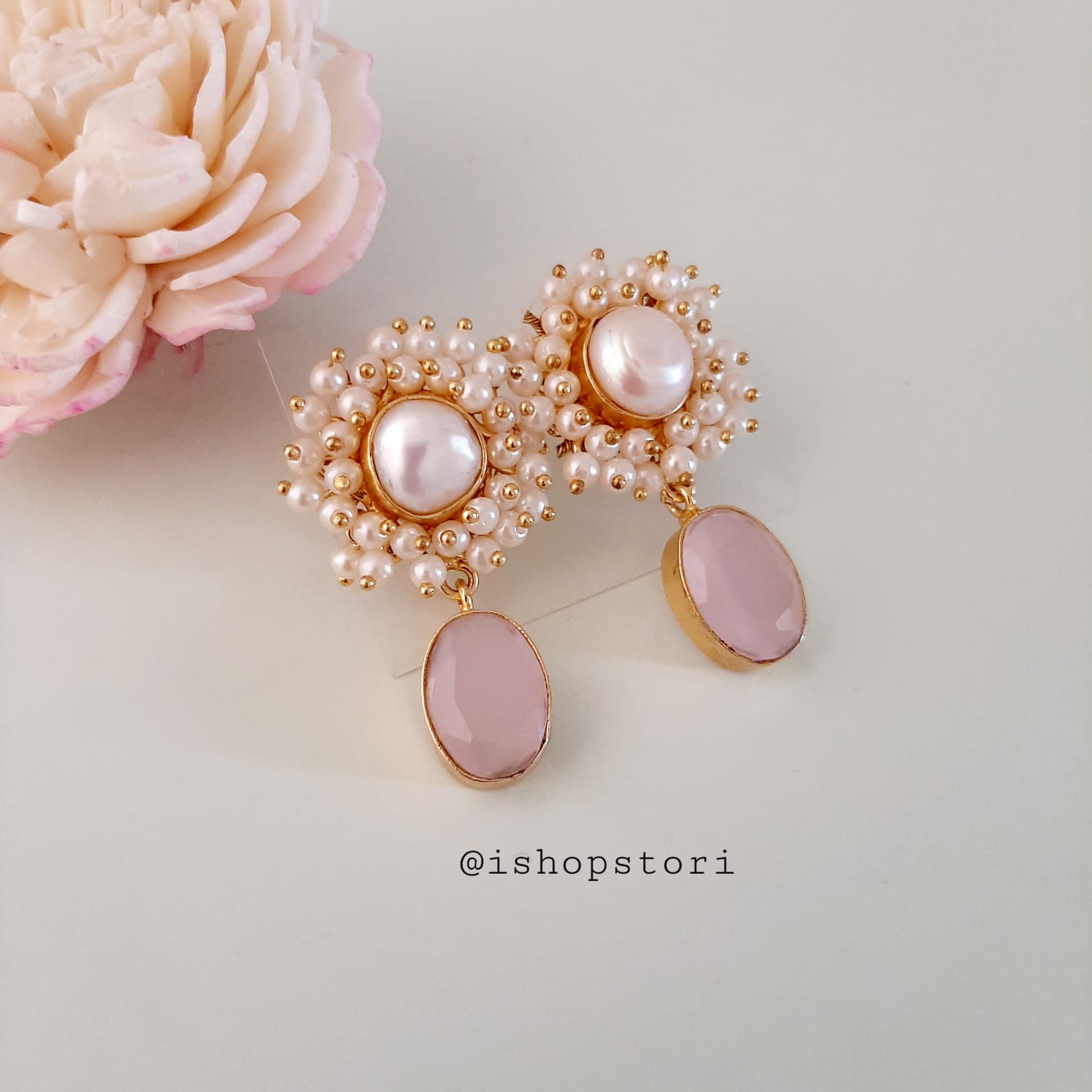 Kaaira Fresh Water Pearls Halo & Oval Glossy Stone Earrings