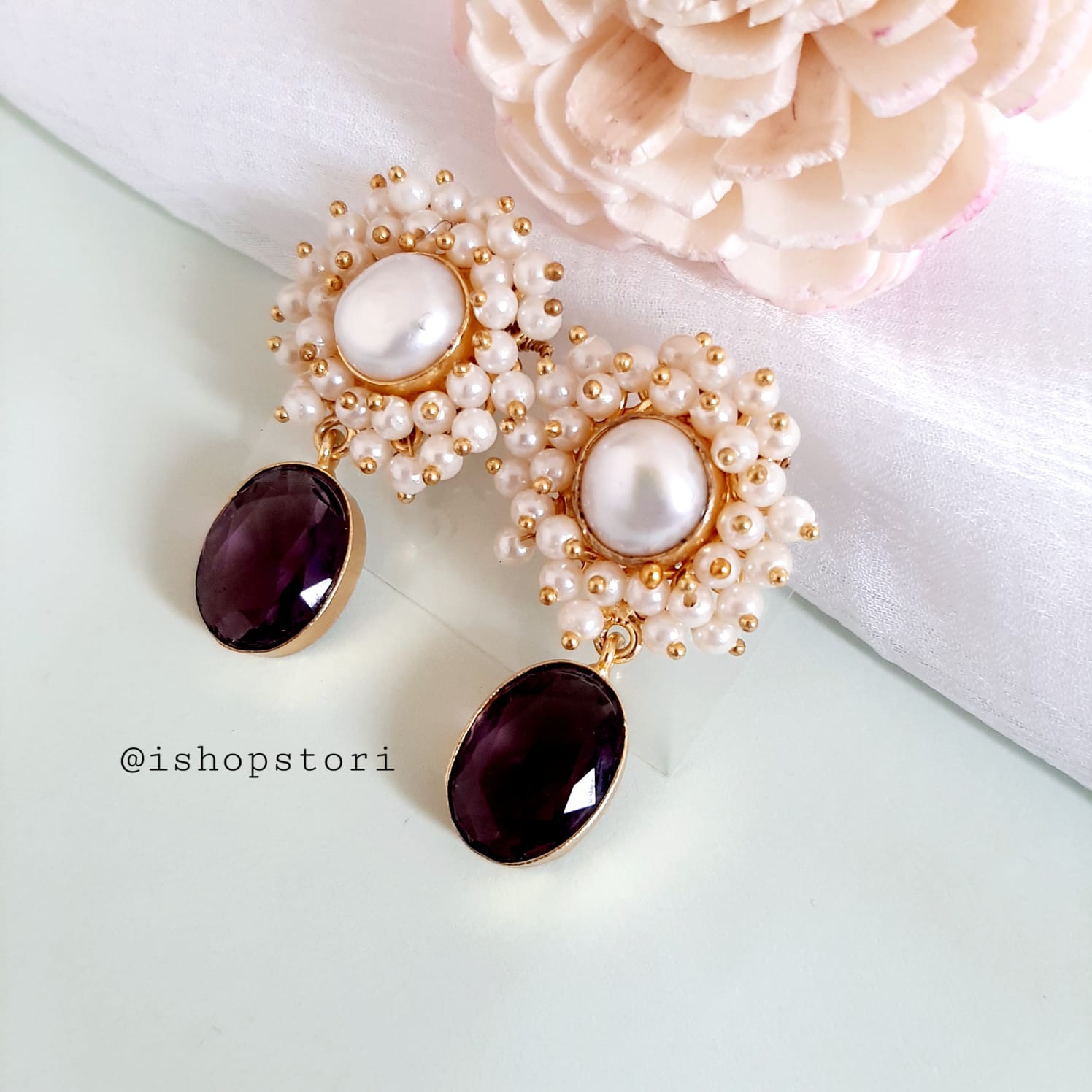 Kaaira Fresh Water Pearls Halo & Oval Glossy Stone Earrings