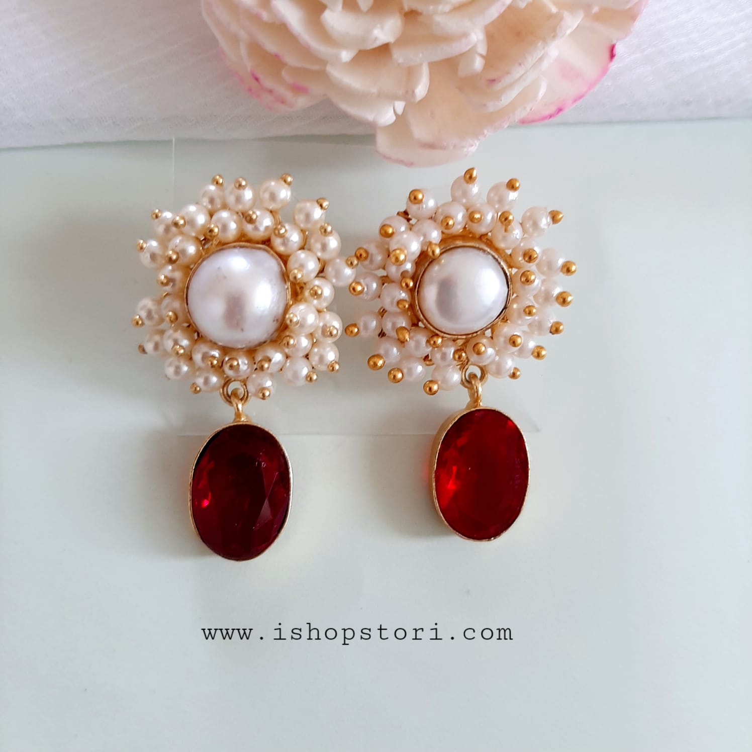 Kaaira Fresh Water Pearls Halo & Oval Glossy Stone Earrings