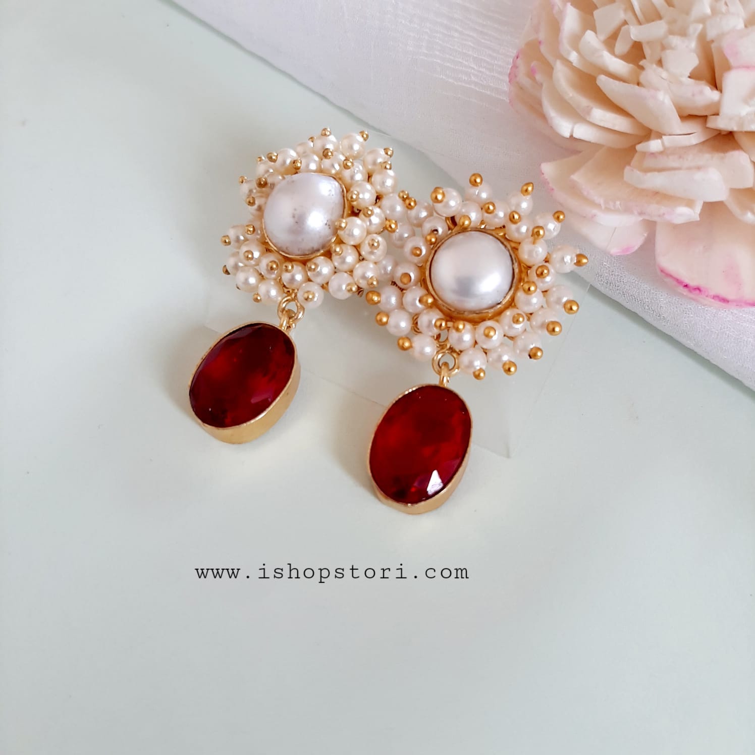 Kaaira Fresh Water Pearls Halo & Oval Glossy Stone Earrings