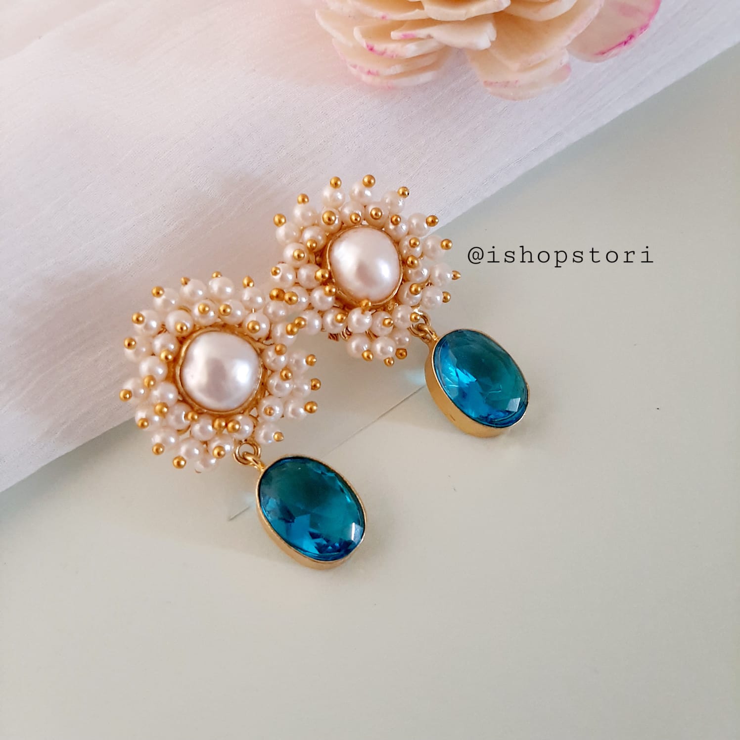 Kaaira Fresh Water Pearls Halo & Oval Glossy Stone Earrings