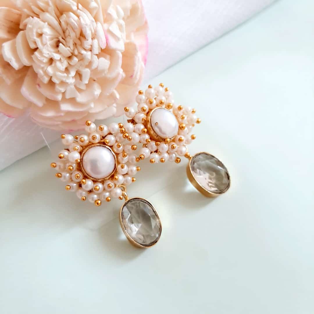 Kaaira Fresh Water Pearls Halo & Oval Glossy Stone Earrings