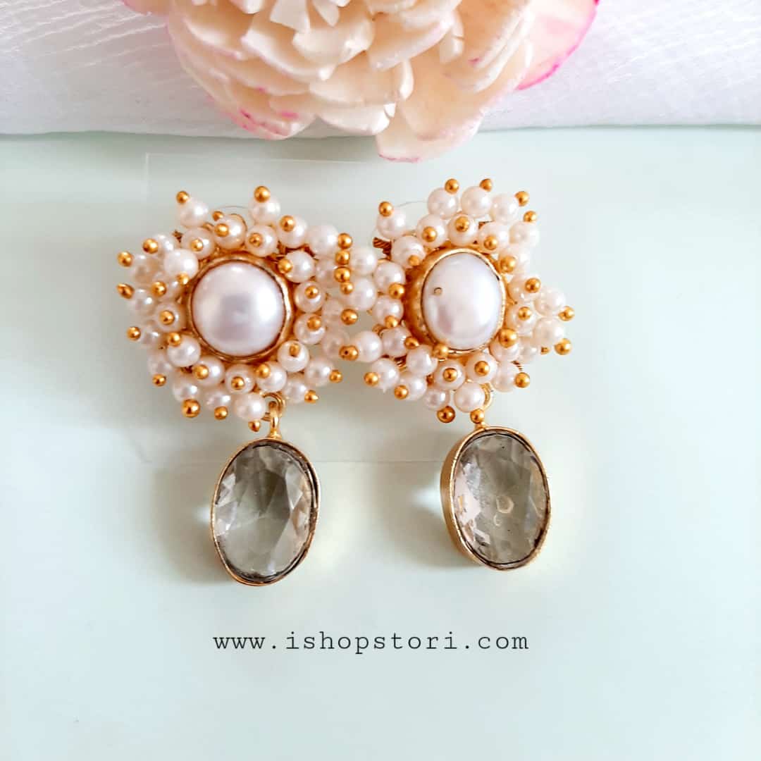 Kaaira Fresh Water Pearls Halo & Oval Glossy Stone Earrings