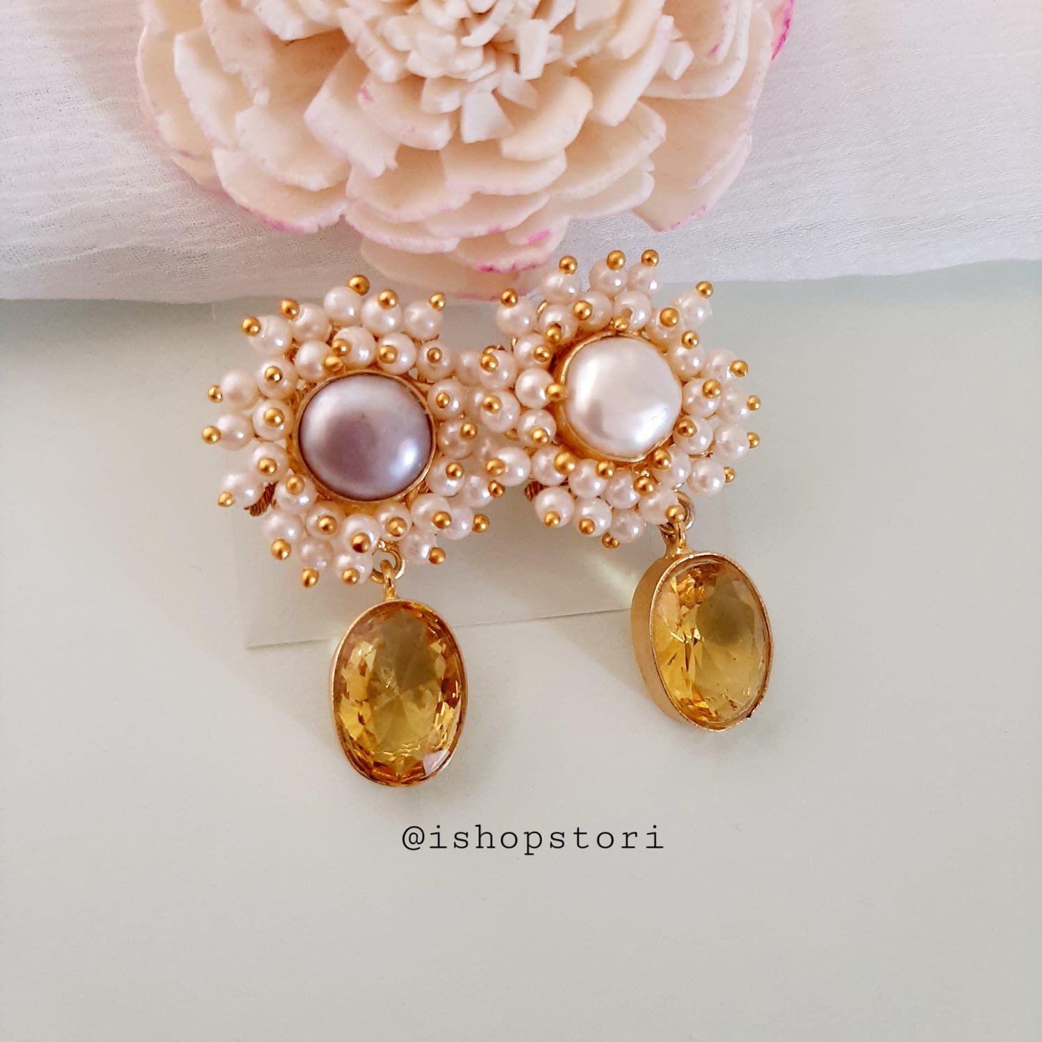 Kaaira Fresh Water Pearls Halo & Oval Glossy Stone Earrings