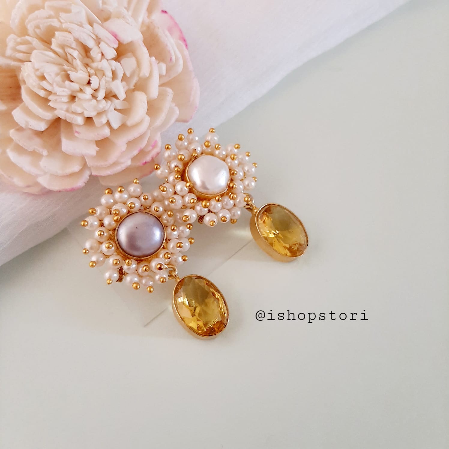 Kaaira Fresh Water Pearls Halo & Oval Glossy Stone Earrings