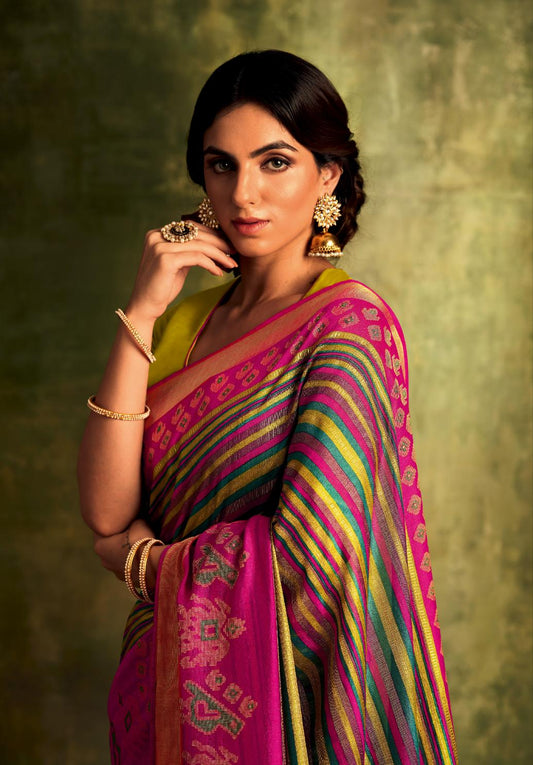 Multicolor Striped Saree With Embroidered Blouse