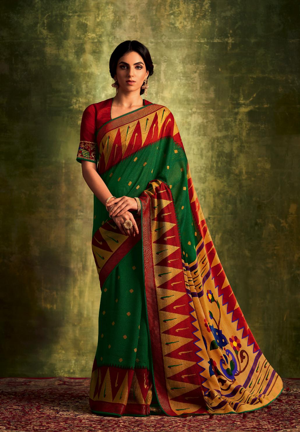 Green & Red Paithani Saree With Embroidered Blouse