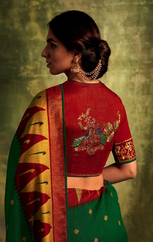 Green & Red Paithani Saree With Embroidered Blouse