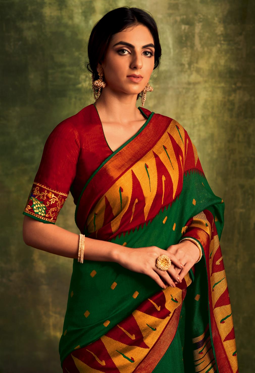 Green & Red Paithani Saree With Embroidered Blouse