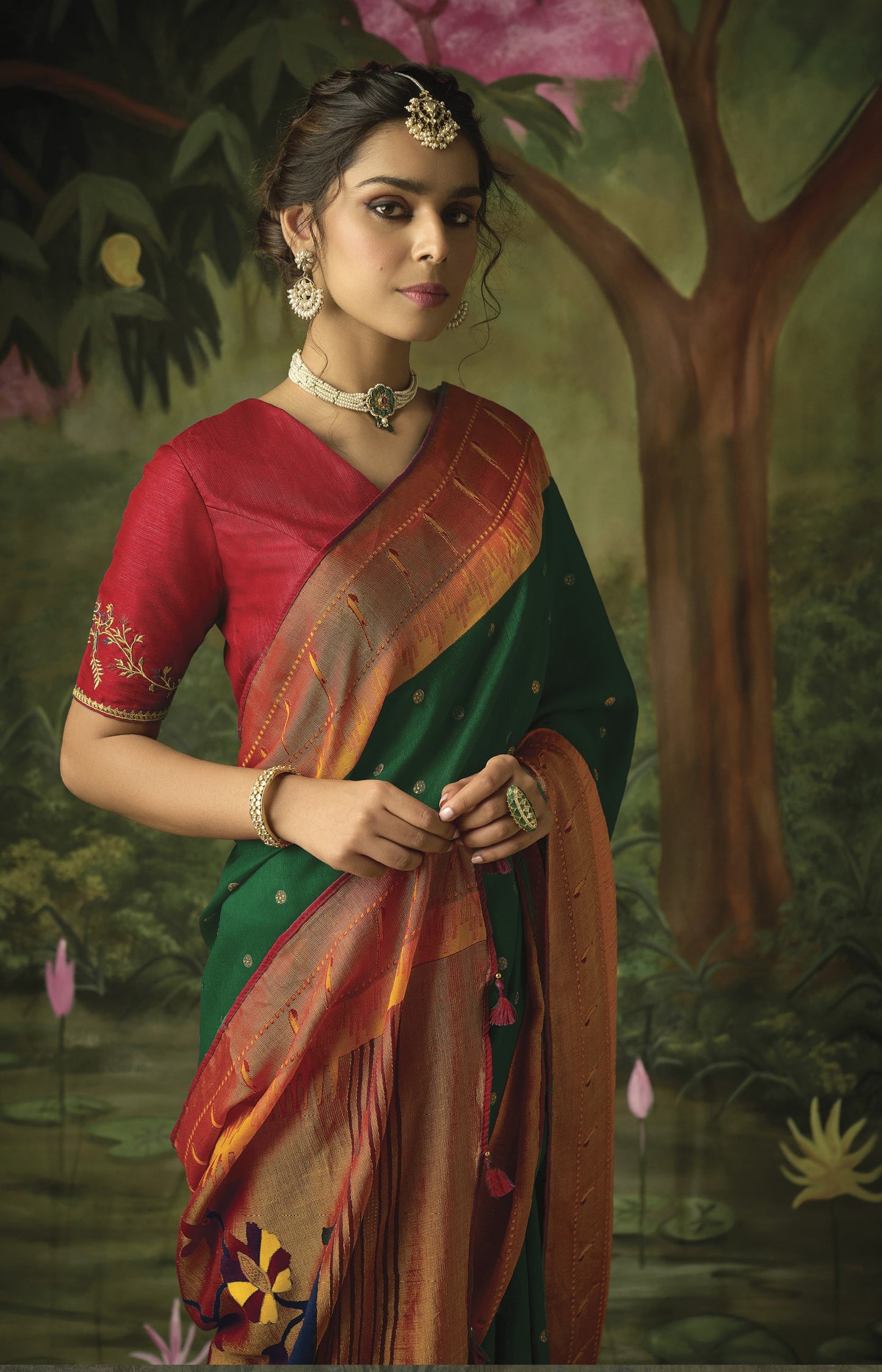 Emerald Green Paithani Saree With Embroidered Blouse