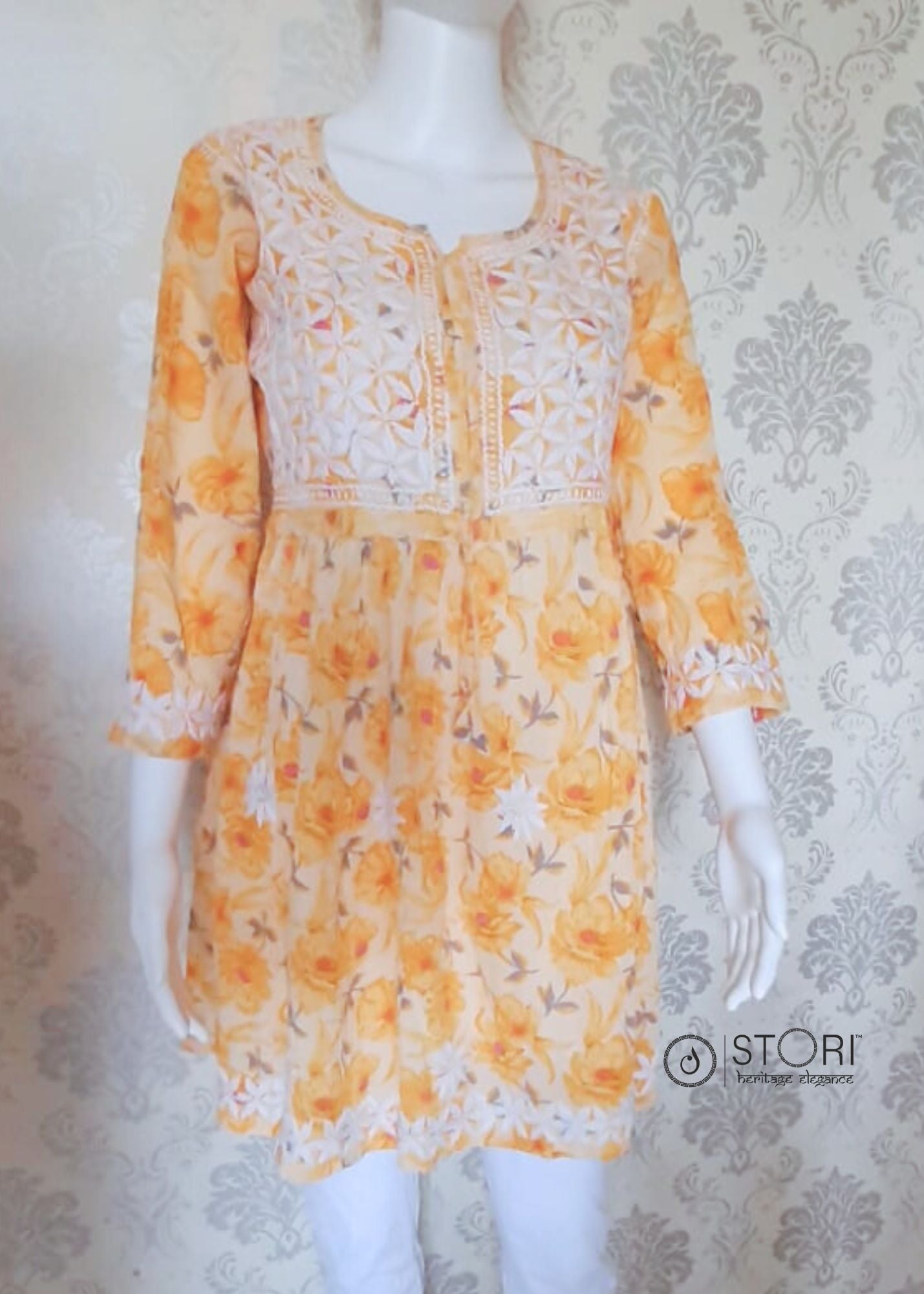 Floral Light Yellow Printed Cotton Chikankari Short Kurti with Dori