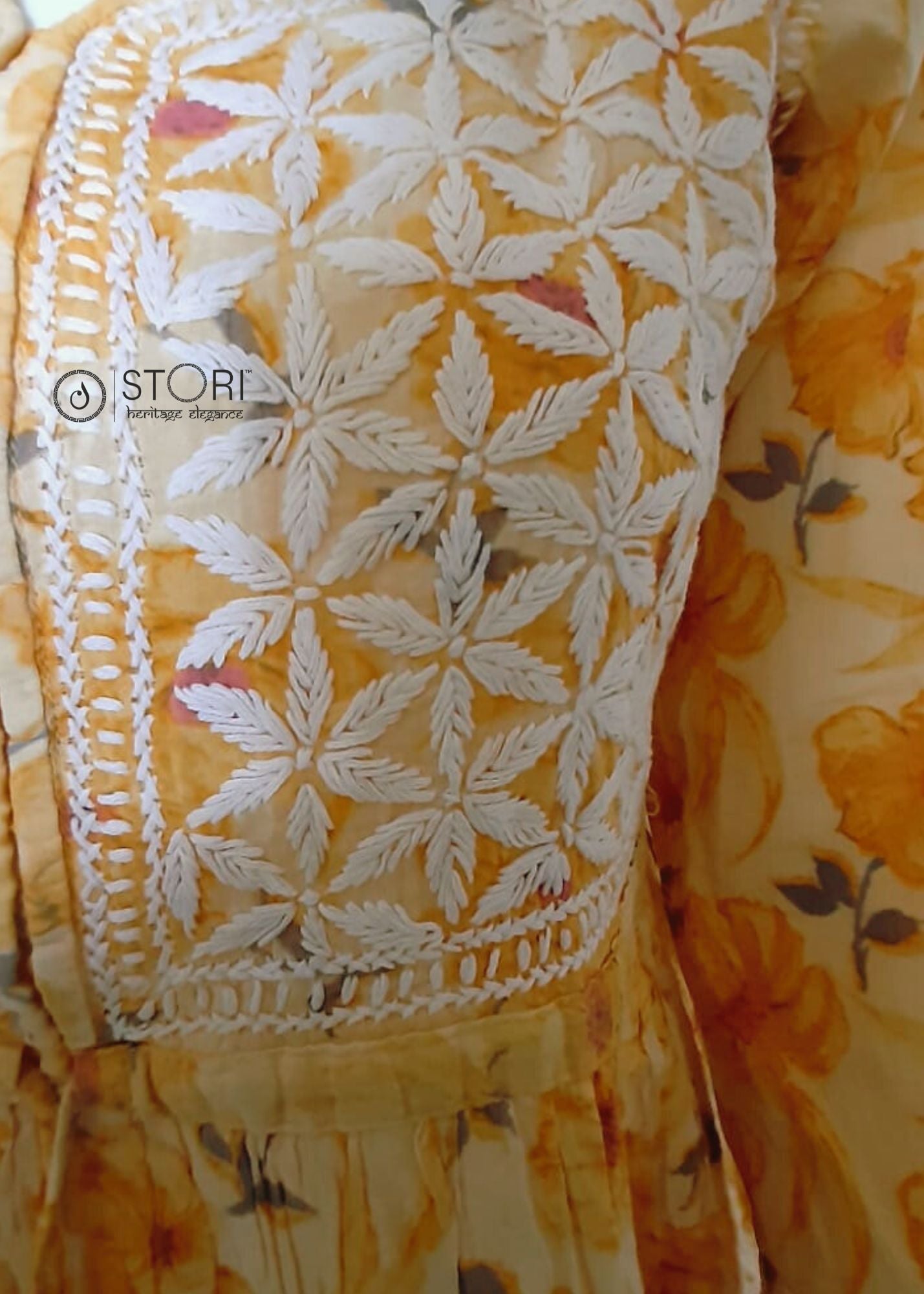 Floral Light Yellow Printed Cotton Chikankari Short Kurti with Dori