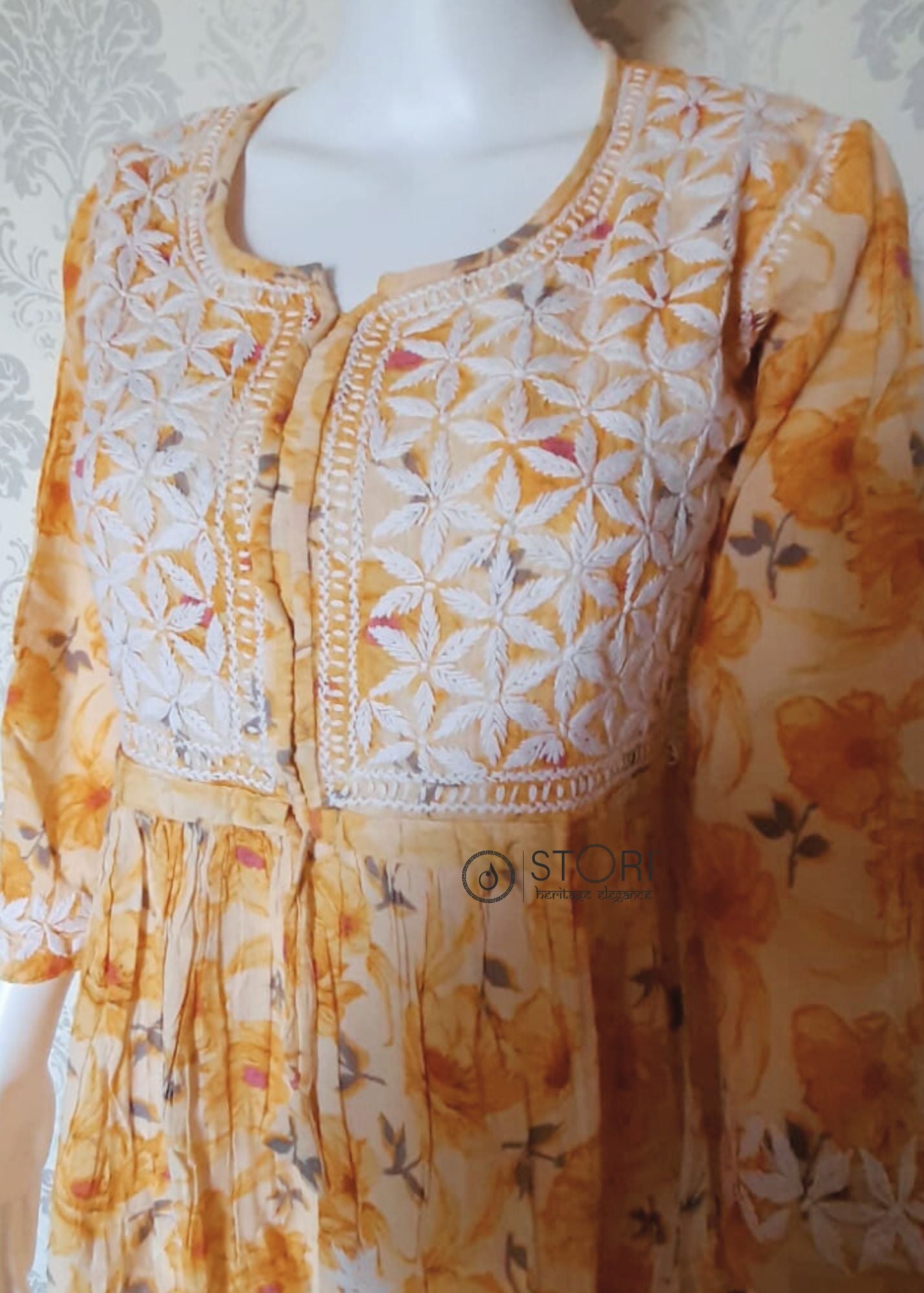 Floral Light Yellow Printed Cotton Chikankari Short Kurti with Dori