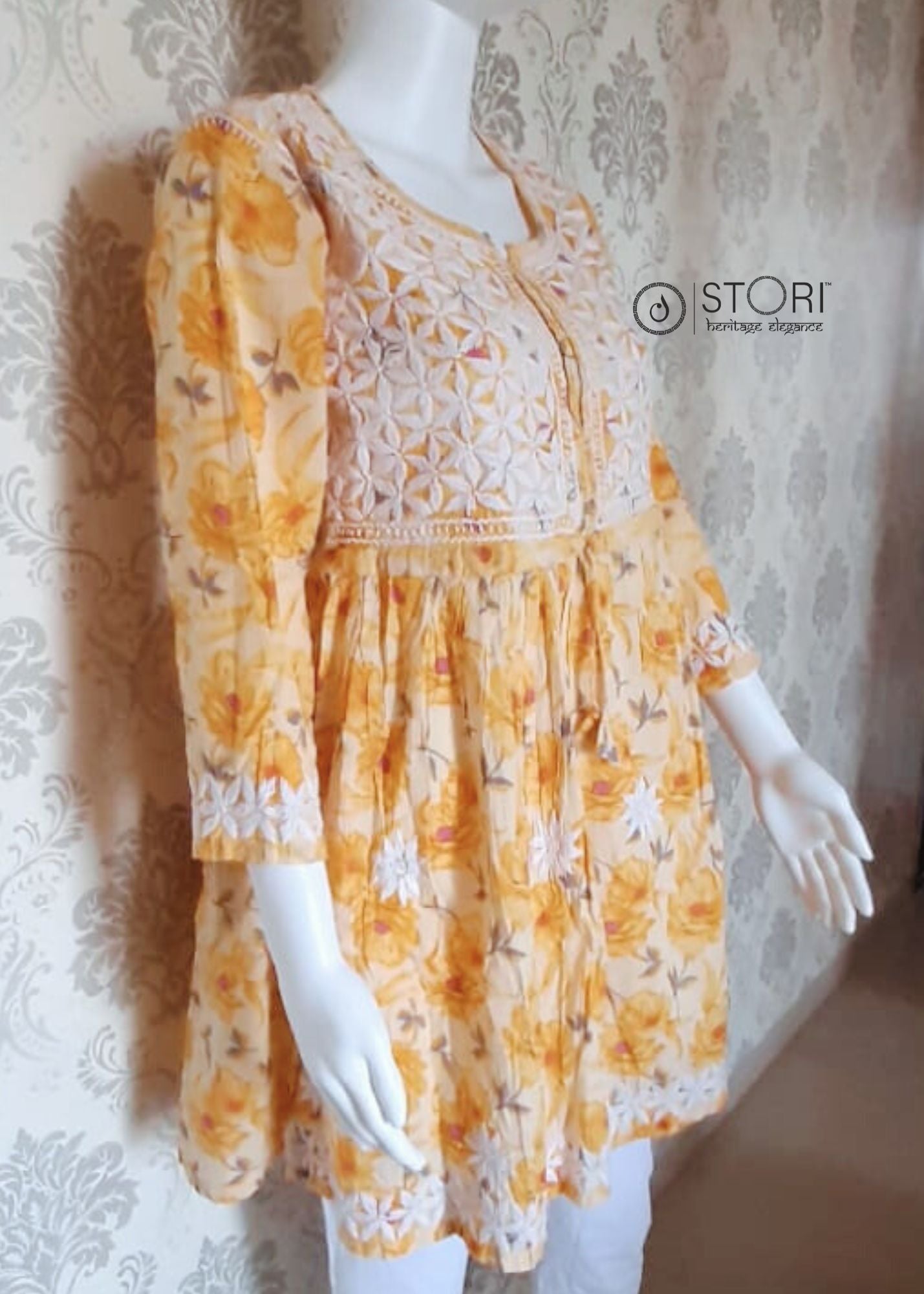 Floral Light Yellow Printed Cotton Chikankari Short Kurti with Dori